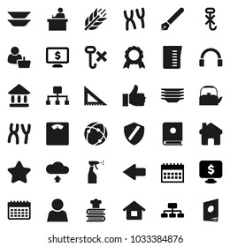 Flat vector icon set - sprayer vector, plates, kettle, measuring cup, cookbook, pen, corner ruler, student, medal, university, hierarchy, calendar, monitor dollar, scales, cereals, no hook, shield