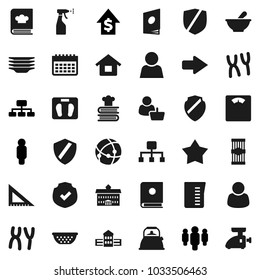 Flat vector icon set - sprayer vector, plates, kettle, colander, measuring cup, cookbook, pasta, university, school building, corner ruler, dollar growth, man, hierarchy, scales, calendar, protected
