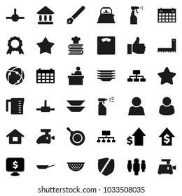 Flat vector icon set - sprayer vector, plates, pan, kettle, colander, measuring cup, cookbook, pen, corner ruler, student, medal, university, dollar growth, man, hierarchy, calendar, monitor, scales