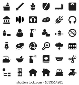 Flat vector icon set - sprayer vector, kettle, colander, cookbook, pasta, steak, pen, school building, corner ruler, student, university, man, calendar, scales, cereals, no smoking, port, protected
