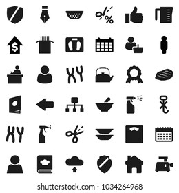 Flat vector icon set - sprayer vector, kettle, colander, measuring cup, cookbook, plates, pasta, steak, pen, student, medal, dollar growth, man, calendar, scales, no hook, protected, finger up, home