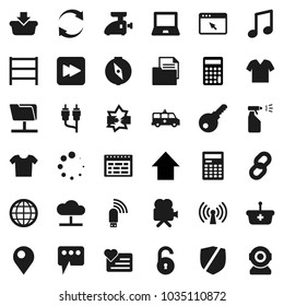 Flat vector icon set - sprayer vector, calculator, notebook pc, schedule, compass, music, arrow up, heart monitor, document, protected, shelving, video camera, forward button, rca, amkbulance car