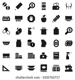 Flat vector icon set - sprayer vector, plates, colander, cookbook, jar, pasta, pencil, corner ruler, apple fruit, coin stack, money search, stadium, buttocks, pills, Railway carriage, truck trailer
