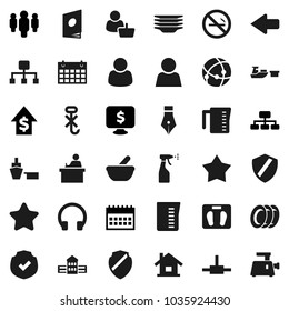 Flat vector icon set - sprayer vector, plates, measuring cup, pen, school building, student, dollar growth, man, hierarchy, calendar, monitor, scales, no smoking, port, hook, protected, headphones