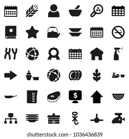 Flat vector icon set - sprayer vector, plates, pan, kettle, colander, measuring cup, steak, university, medal, arrow up, calendar, monitor dollar, cereals, no smoking, port, hook, mortar, connect