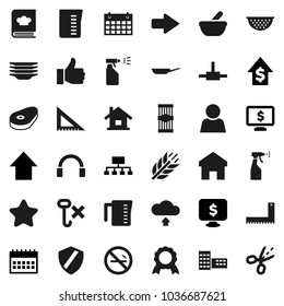 Flat vector icon set - sprayer vector, plates, pan, colander, measuring cup, cookbook, pasta, steak, school building, corner ruler, medal, dollar growth, arrow up, hierarchy, calendar, monitor, hook