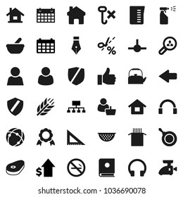Flat vector icon set - sprayer vector, pan, kettle, colander, measuring cup, pasta, steak, pen, corner ruler, medal, dollar growth, hierarchy, calendar, cereals, no smoking, hook, protected, mortar