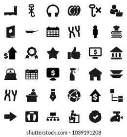 Flat vector icon set - sprayer vector, plates, pan, kettle, cookbook, pen, corner ruler, student, medal, university, dollar growth, man, hierarchy, calendar, monitor, scales, no hook, protected