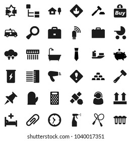 Flat vector icon set - sprayer vector, cook glove, meat hammer, grater, case, piggy bank, auction, tie, gold ingot, jump rope, enegry drink, satellite, ship, clock, top sign, flammable, thumbtack