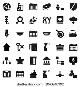 Flat vector icon set - sprayer vector, pan, kettle, colander, measuring cup, cookbook, steak, pen, university, student, medal, arrow up, calendar, monitor dollar, scales, cereals, port, no hook