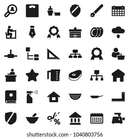 Flat vector icon set - sprayer vector, pan, colander, measuring cup, plates, steak, pen, university, corner ruler, student, medal, hierarchy, scales, calendar, port, protected, mortar, connect, home