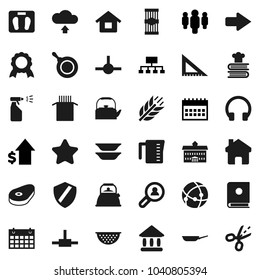 Flat vector icon set - sprayer vector, pan, kettle, colander, measuring cup, cookbook, plates, pasta, steak, university, corner ruler, medal, dollar growth, man, hierarchy, calendar, scales, cereals