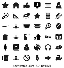 Flat vector icon set - sprayer vector, plates, pan, measuring cup, pasta, steak, pen, school building, corner ruler, dollar growth, man, monitor, scales, calendar, cereals, no smoking, port, connect