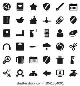 Flat vector icon set - sprayer vector, pan, measuring cup, cookbook, pasta, steak, pen, corner ruler, student, medal, hierarchy, calendar, monitor dollar, scales, cereals, protected, headphones