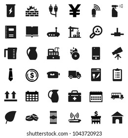 Flat vector icon set - sprayer vector, measuring cup, jug, pasta, book, copybook, telescope, school bus, leaf, dollar coin, bank building, tie, calendar, yen sign, clipboard, enegry drink, delivery