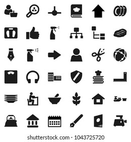 Flat vector icon set - sprayer vector, plates, kettle, cookbook, steak, pen, school building, corner ruler, student, university, arrow up, calendar, scales, cereals, port, headphones, finger, mortar