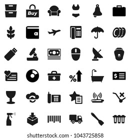 Flat vector icon set - sprayer vector, spatula, plates, microscope, bell, archive, pie graph, wallet, percent growth, case, receipt, swimsuite, cereals, heart monitor, plane, money, phone, glass