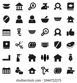 Flat vector icon set - sprayer vector, plates, colander, cookbook, steak, pen, corner ruler, medal, university, man, calendar, no hook, protected, finger up, mortar, shield, home, user, house