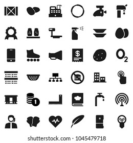 Flat vector icon set - sprayer vector, colander, cookbook, spices, plates, egg, potato, pen, corner ruler, medal, exam, coin stack, hierarchy, heart pulse, boxing glove, roller Skates, no fastfood