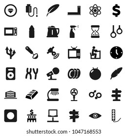 Flat Vector Icon Set - Sprayer Vector, Plates, Kettle, Ladle, Microwave Oven, Pen, Corner Ruler, Student, Atom, Table Lamp, Gold Ingot, Bank Building, Clock, Dollar Sign, Fitball, Water Bottle, Eye