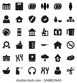 Flat vector icon set - sprayer vector, plates, pan, measuring cup, pasta, steak, university, student, medal, dollar growth, man, hierarchy, calendar, scales, no smoking, port, protected, headphones