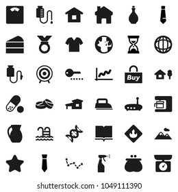 Flat vector icon set - sprayer vector, oil, jug, cake, book, world, constellation, graph, sand clock, tie, scales, target, medal, pills, pool, flammable, dna, drop counter, router, home, cottage