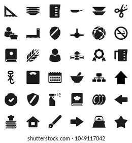 Flat vector icon set - sprayer vector, plates, pan, kettle, measuring cup, cookbook, pen, school building, corner ruler, medal, arrow up, hierarchy, scales, calendar, cereals, no smoking, hook, star