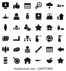 Flat vector icon set - sprayer vector, pan, kettle, cookbook, plates, pasta, steak, pen, school building, corner ruler, dollar growth, man, calendar, monitor, port, finger up, mortar, connect, home