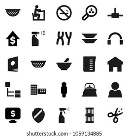 Flat vector icon set - sprayer vector, kettle, colander, measuring cup, plates, pasta, school building, student, dollar growth, man, monitor, no smoking, headphones, mortar, chromosomes, connect