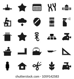 Flat vector icon set - sprayer vector, pan, kettle, pasta, school building, corner ruler, student, man, hierarchy, calendar, cereals, no hook, chromosomes, connect, shield, cloud upload, house, star