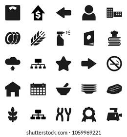 Flat vector icon set - sprayer vector, plates, cookbook, steak, school building, medal, dollar growth, hierarchy, scales, calendar, cereals, no smoking, mortar, chromosomes, home, arrow, user, star