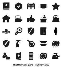 Flat vector icon set - sprayer vector, plates, pan, kettle, measuring cup, pasta, school building, student, man, calendar, protected, finger up, shield, home, client search, star, customer, catalog