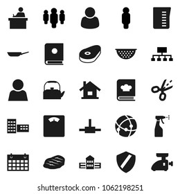 Flat vector icon set - sprayer vector, pan, kettle, colander, measuring cup, cookbook, steak, school building, student, man, hierarchy, scales, calendar, connect, connection, shield, user, house