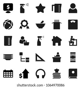 Flat vector icon set - sprayer vector, plates, measuring cup, cookbook, pasta, corner ruler, student, medal, dollar growth, calendar, monitor, scales, headphones, mortar, connection, home, hierarchy