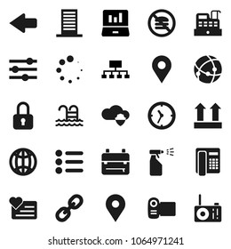 Flat vector icon set - sprayer vector, backpack, laptop graph, hierarchy, pool, no fastfood, heart monitor, map pin, clock, top sign, link, connection, cloud shield, equalizer, arrow, loading, globe