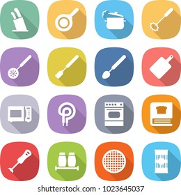 flat vector icon set - stands for knives vector, pan, steam, whisk, skimmer, spatula, big spoon, cutting board, microwave oven, elecric, cooking book, blender, salt pepper, sieve, pasta