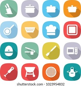flat vector icon set - stands for knives vector, pan, colander, cook hat, cutting board, egg timer, garlic clasp, spatula, microwave oven, blender, bbq, sieve, apron