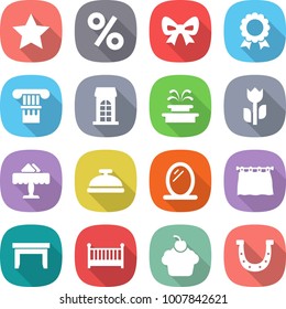flat vector icon set - star vector, percent, bow, medal, column, building, fountain, perishable, restaurant, service bell, mirror, curtain, table, crib, cupcake, horseshoe
