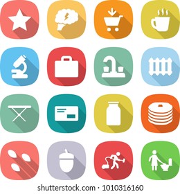 flat vector icon set - star vector, brain, add to cart, hot drink, microscope, suitcase, water tap, radiator, iron board, envelope, bank, pancakes, seeds, acorn, vacuum cleaner, toilet cleaning