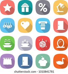 flat vector icon set - star vector, gift, percent, table lamp, sale, heart, column, door, fountain, flower bed, disco ball, mirror, curtain, cupcake, goose