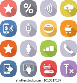 flat vector icon set - star vector, percent, wireless, cloud service, phone pay, smart watch, bracelet, add to cart, spark plug, sorting, touchscreen, router, no signal