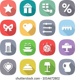 flat vector icon set - star vector, gift, percent, bow, heart, equalizer, bridge, building, fountain, disco ball, restaurant, pendant, service bell, floor lamp, jug