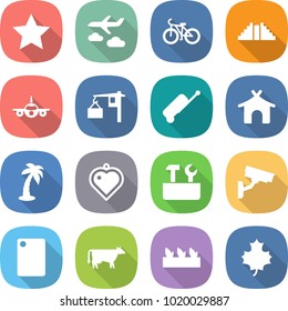 flat vector icon set - star vector, journey, bike, pyramid, plane, loading, suitcase, bungalow, palm, heart pendant, repair tools, surveillance camera, cutting board, cow, seedling, maple leaf