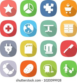 flat vector icon set - star vector, diagram, puzzle, add to cart, medical cross, earth, table, chest of drawers, plug, sd card, kettle, chef knife, croissant, potato, vacuum cleaner, toilet cleaning