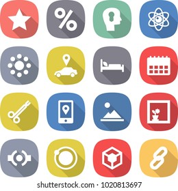 flat vector icon set - star vector, percent, bulb head, atom, round around, car pointer, hospital bed, calendar, surgical clamp, mobile location, landscape, flower in window, connect, orbit, 3d