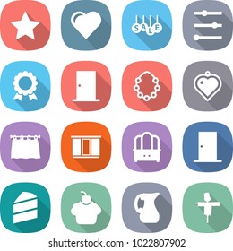 flat vector icon set - star vector, heart, sale, equalizer, medal, door, hawaiian wreath, pendant, curtain, wardrobe, dresser, cake, cupcake, jug, scarecrow