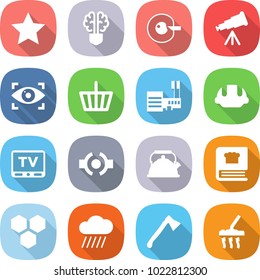 flat vector icon set - star vector, bulb brain, cell corection, telescope, eye identity, basket, mall, building helmet, tv, connect, kettle, cooking book, honeycombs, rain cloud, axe, vacuum cleaner