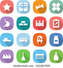flat vector icon set - star vector, gift, bone, medical patch, stomach, block wall, palace, clipboard pen, car baggage, bus, led, flour, seedling, broom, sponge, cleanser