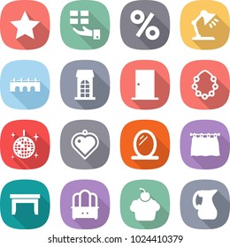 flat vector icon set - star vector, gift, percent, table lamp, bridge, building, door, hawaiian wreath, disco ball, heart pendant, mirror, curtain, dresser, cupcake, jug