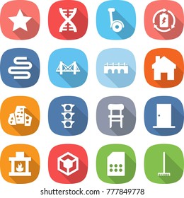 flat vector icon set - star vector, dna, gyroscooter, battery charge, intestines, bridge, home, modern architecture, traffic light, chair, door, fireplace, 3d, sim card, rake